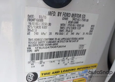 2016 Ford Expedition Limited from USA, damaged, VIN 1FMJU2AT5GEF20314